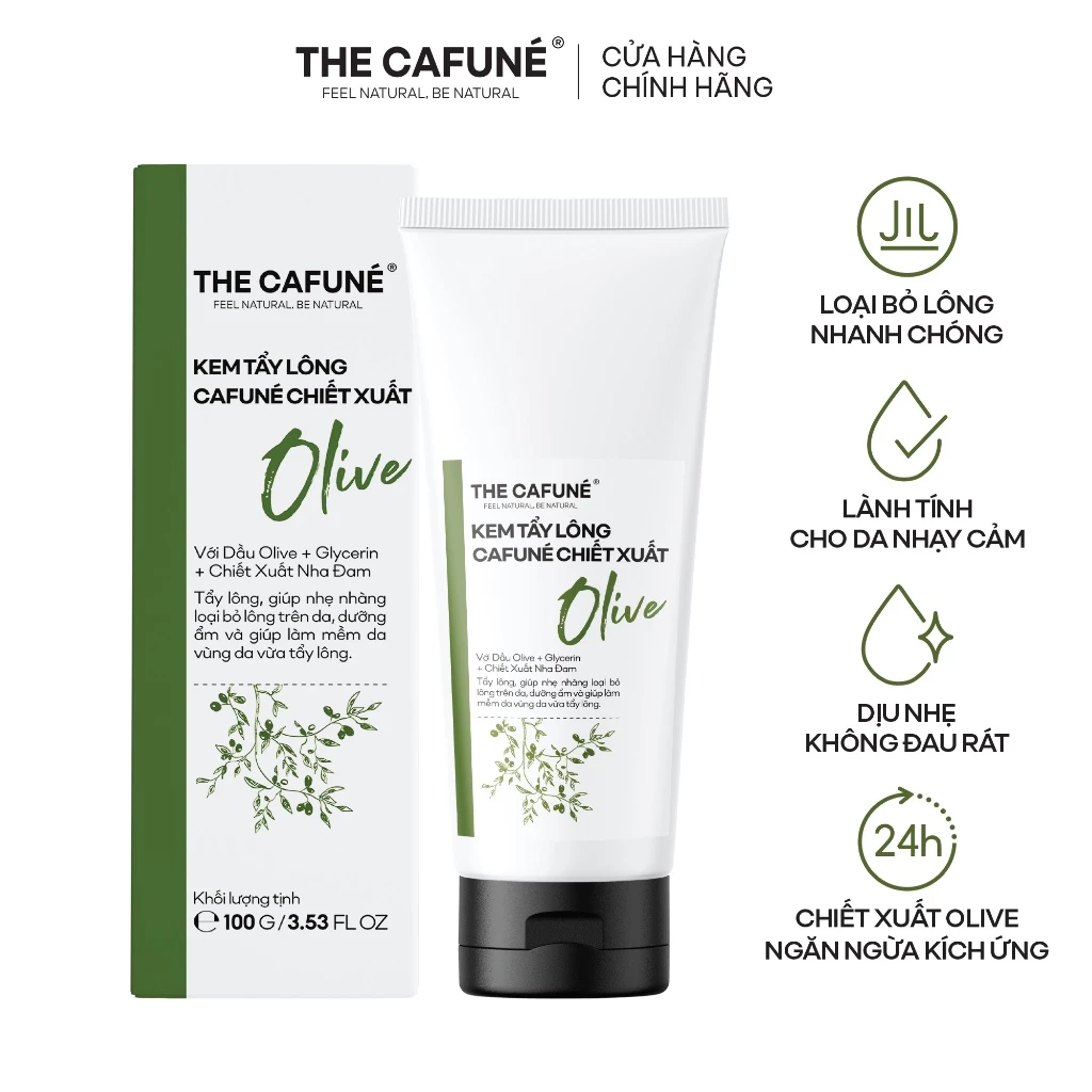 Kem Tẩy Lông Cafuné Chiết Xuất Olive an toàn cho vùng kín, chân, tay, nách 100ml